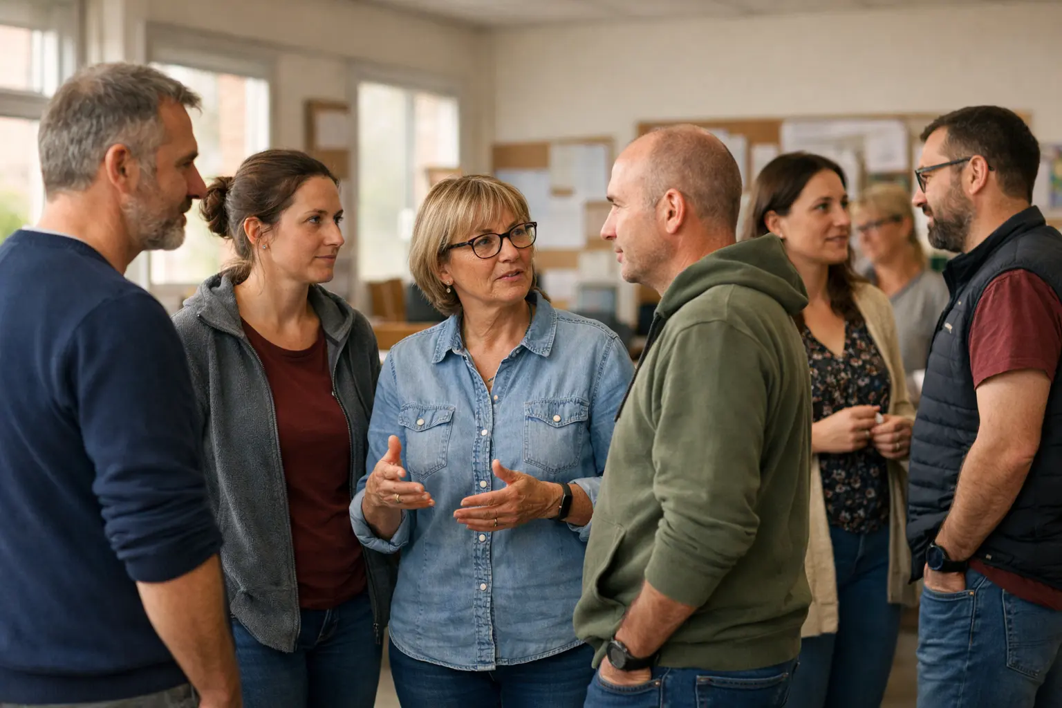 Groupe d’adultes en discussion dans un espace de travail, échangeant de manière attentive.