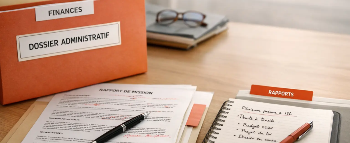 Dossiers administratifs et documents de travail organisés sur un bureau.