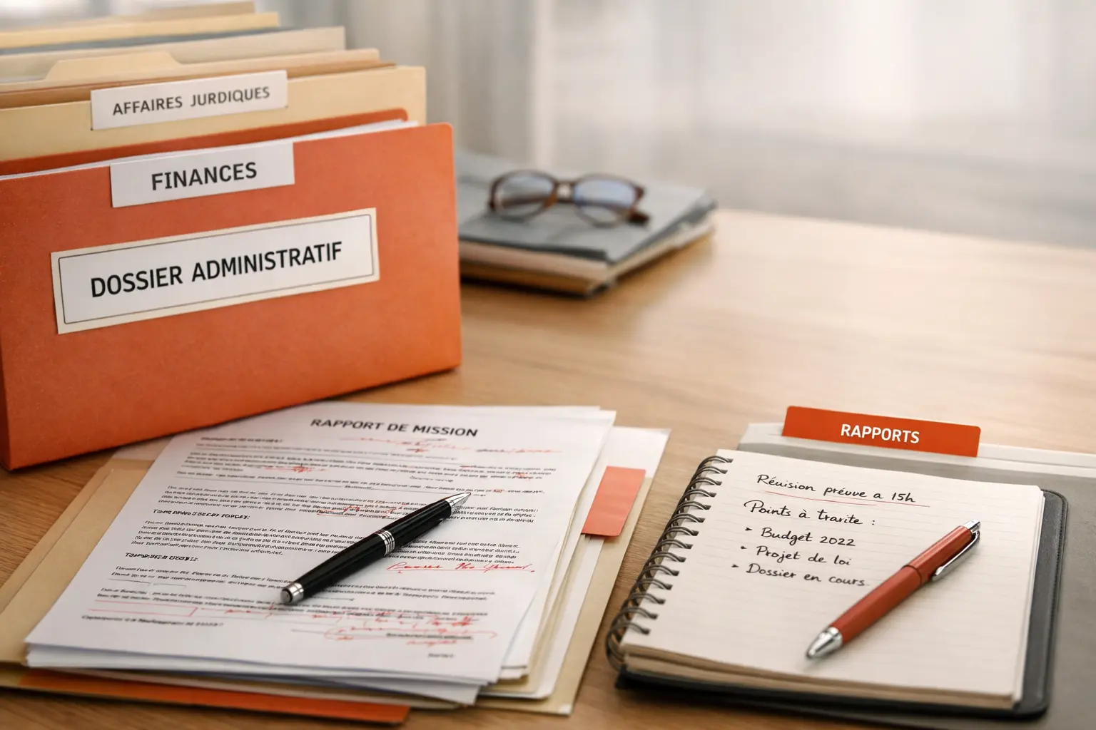Dossiers administratifs et documents de travail organisés sur un bureau.