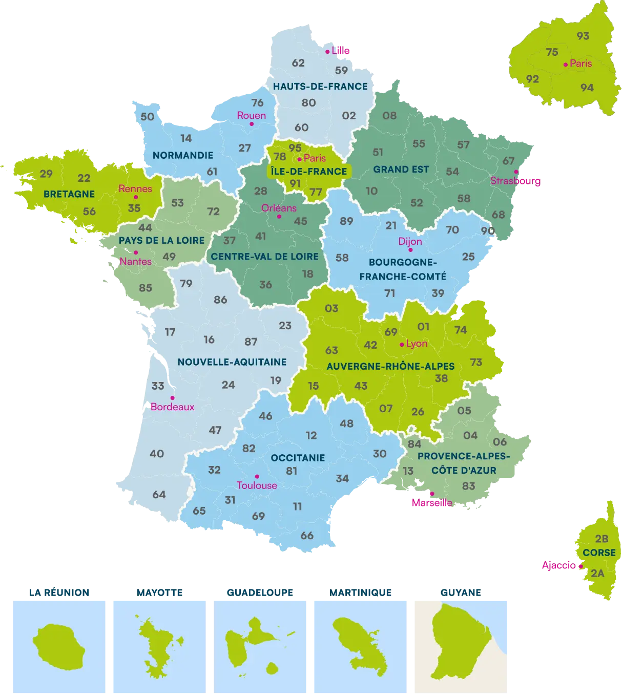 Carte de France présentant les régions et départements, avec mise en évidence des différentes régions et les principales villes indiquées.