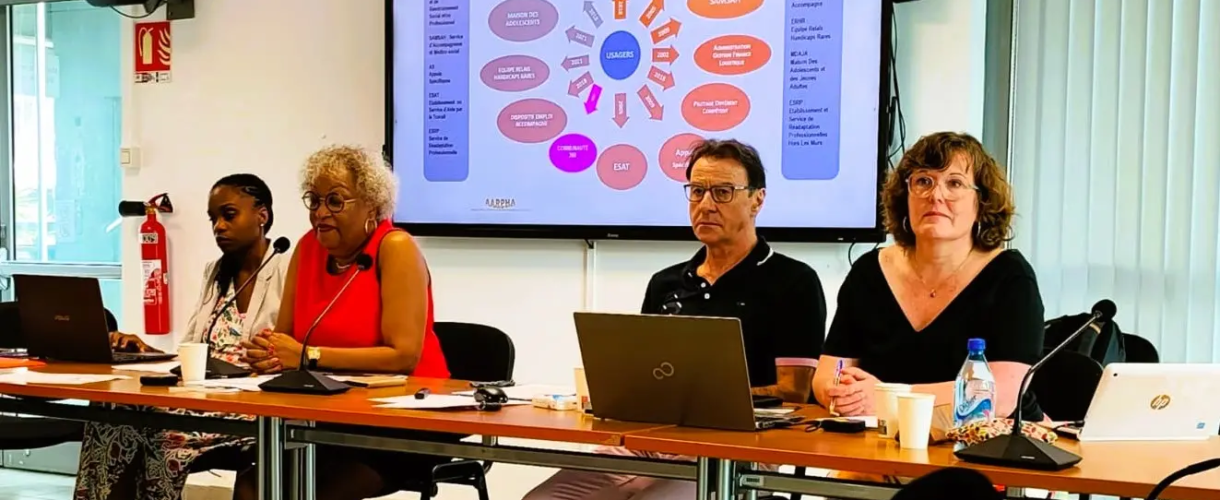 Intervenants réunis autour d’une table lors d’une réunion, avec une présentation projetée à l’écran.