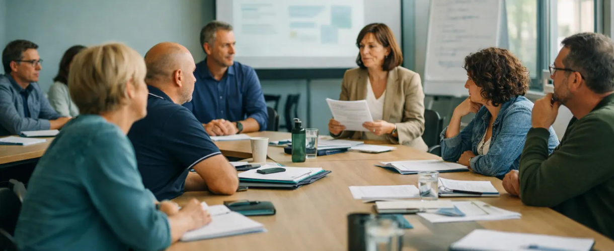 Groupe de professionnels en réunion autour d’une table, animée par une intervenante tenant un document, dans une salle de formation.