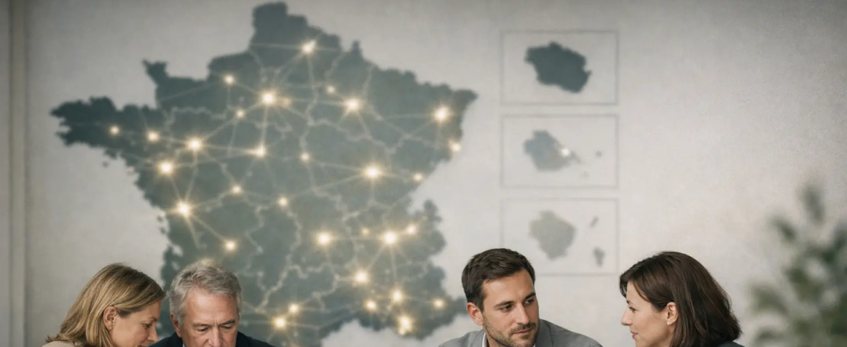Quatre professionnels en réunion autour d’une table, travaillant sur des documents, avec une carte de France en arrière-plan.