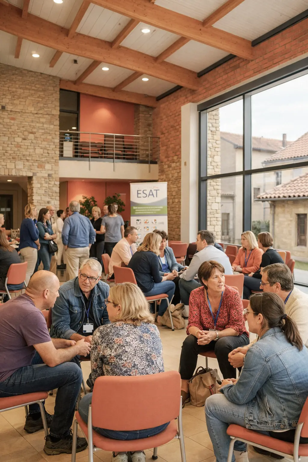 Groupes de professionnels échangeant en petits cercles lors d’une rencontre régionale ESAT.
