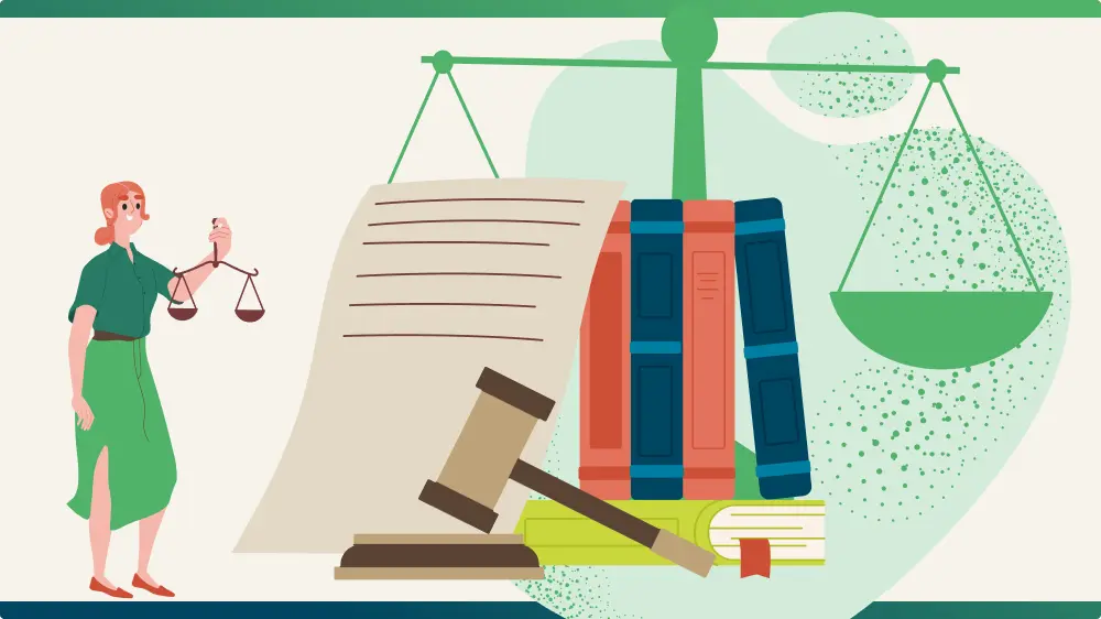 Illustration d’une femme tenant une balance de justice, avec des livres juridiques, un marteau de juge et un document en arrière-plan.
