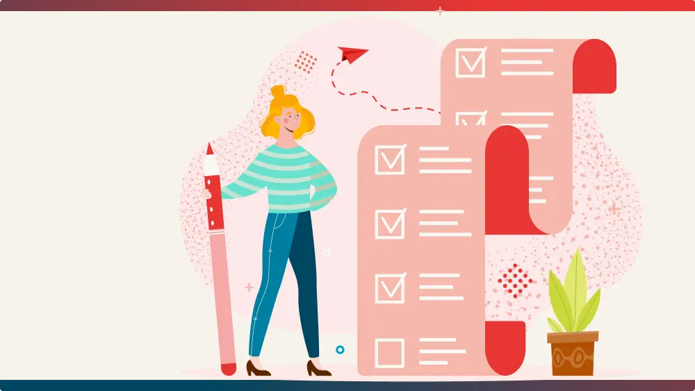 Illustration d’une femme tenant un grand crayon devant une liste de tâches cochées sur un document déroulé.
