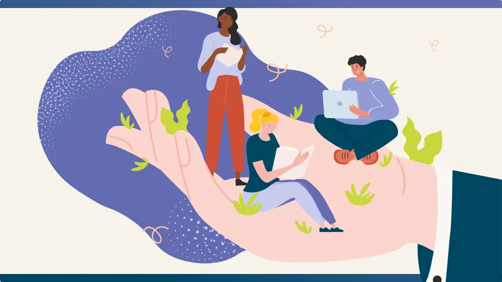 Illustration d’une grande main soutenant trois personnes en situation d’apprentissage, l’une lisant, l’autre travaillant sur un ordinateur et une troisième debout.