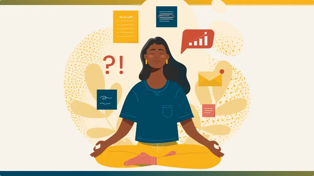 Illustration d’une personne en position de méditation, entourée d’icônes représentant des tâches, des messages et des indicateurs de performance.