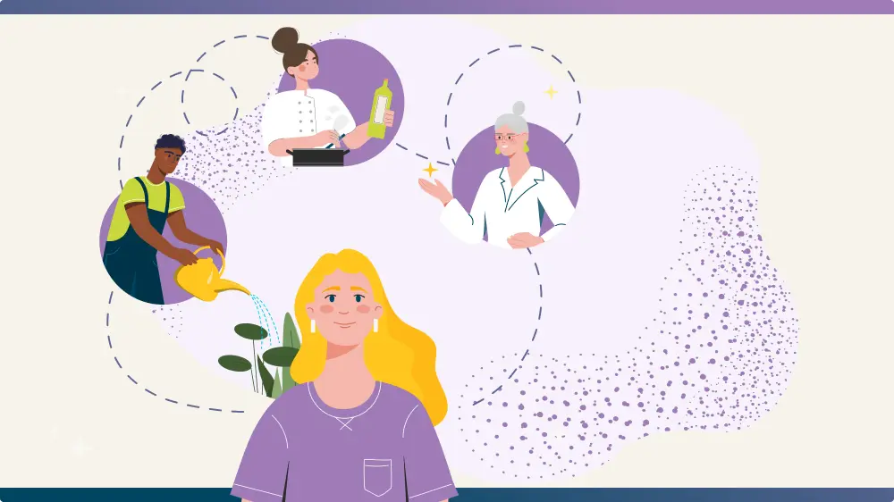Illustration d’une personne entourée de bulles représentant différents métiers, dont la cuisine, le jardinage et le secteur médico-social.