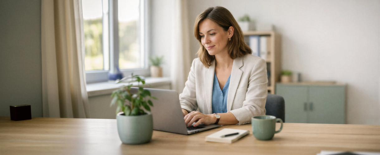 Femme professionnelle travaillant sur un ordinateur portable dans un bureau lumineux.