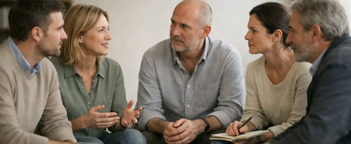 Groupe de professionnels en discussion lors d’un temps d’échange collectif.