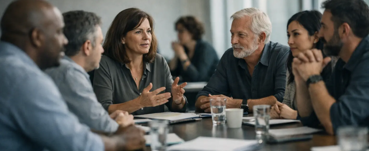 Un groupe de professionnels réunis autour d’une table échange lors d’une réunion de travail, illustrant la collaboration et le dialogue au sein d’un réseau.