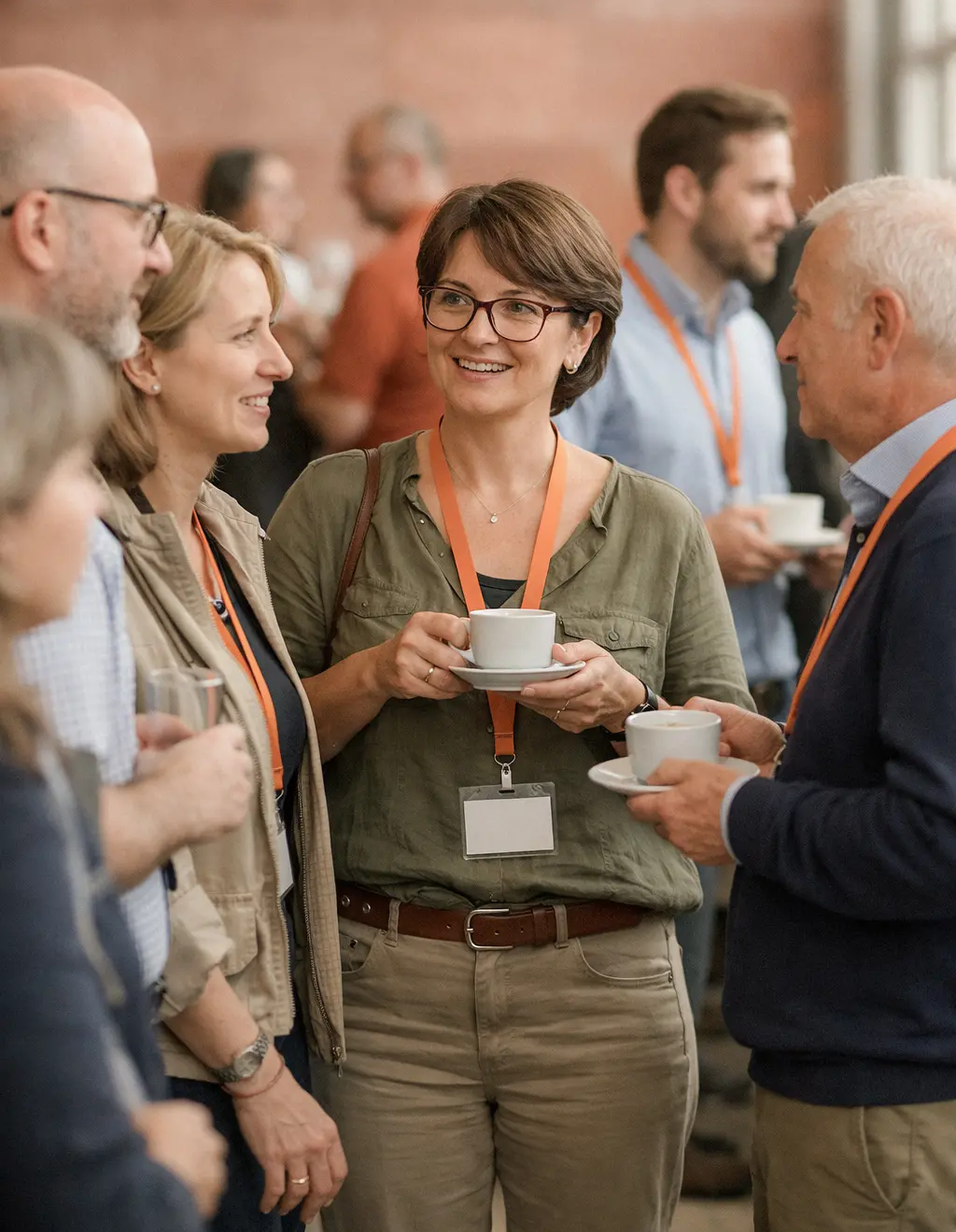 Participants échangeant autour d’un café lors d’un événement professionnel.