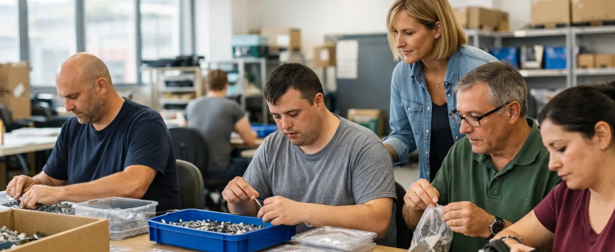 Des travailleurs en situation de handicap réalisent une activité de préparation et d’assemblage en atelier, accompagnés par une professionnelle.