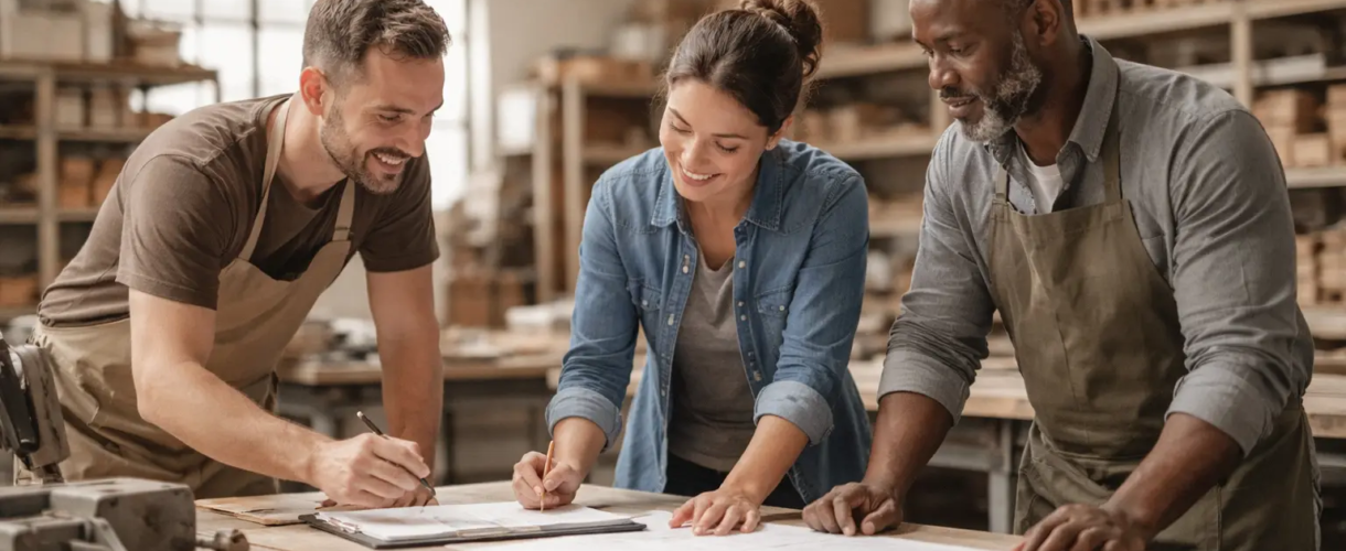 Trois professionnels travaillent ensemble dans un atelier, autour d’un plan posé sur une table, dans un environnement de production.