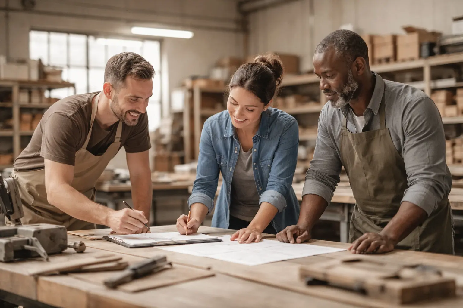 Trois professionnels travaillent ensemble dans un atelier, autour d’un plan posé sur une table, dans un environnement de production.