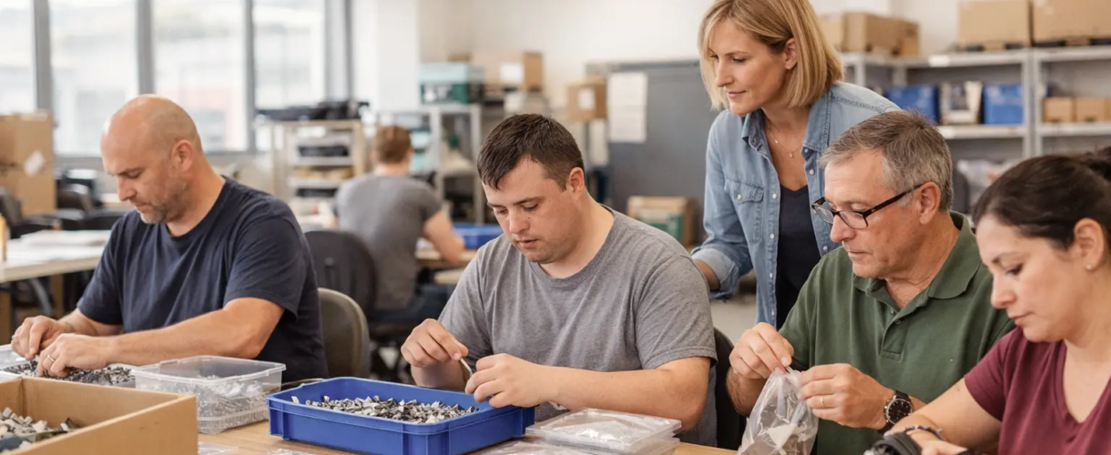 Des travailleurs en situation de handicap réalisent une activité de préparation et d’assemblage en atelier, accompagnés par une professionnelle.
