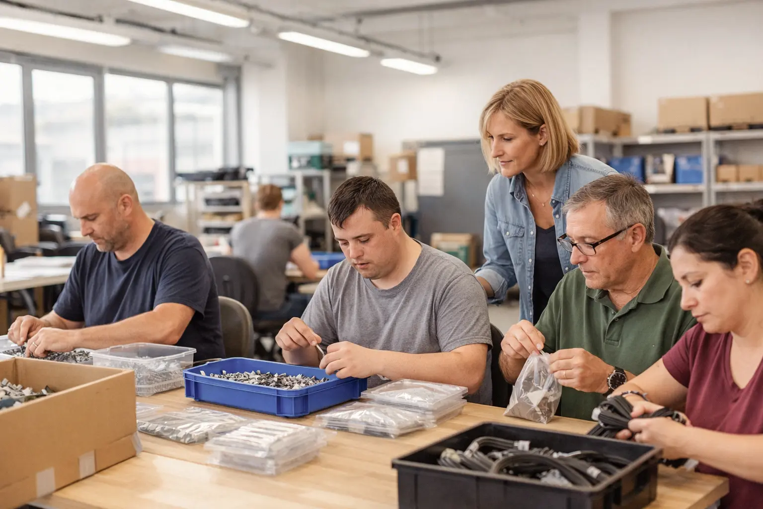 Des travailleurs en situation de handicap réalisent une activité de préparation et d’assemblage en atelier, accompagnés par une professionnelle.