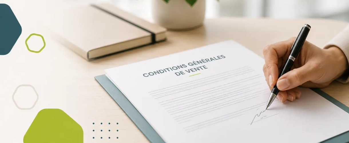 Main signant un document de conditions générales de vente sur un bureau professionnel.