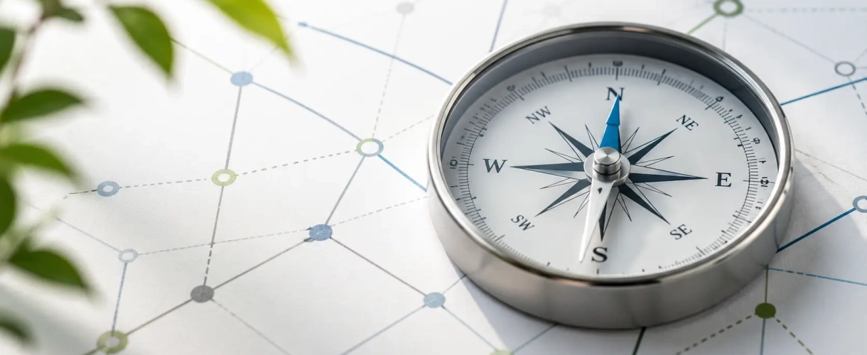Boussole posée sur un schéma de réseau composé de points et de lignes interconnectés, symbolisant l’orientation, l’expertise et le travail en réseau.