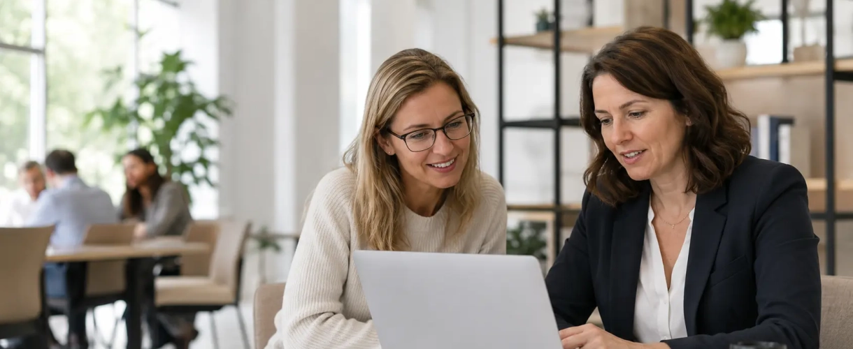 Deux professionnelles consultant des informations sur ordinateur dans un environnement de travail collaboratif